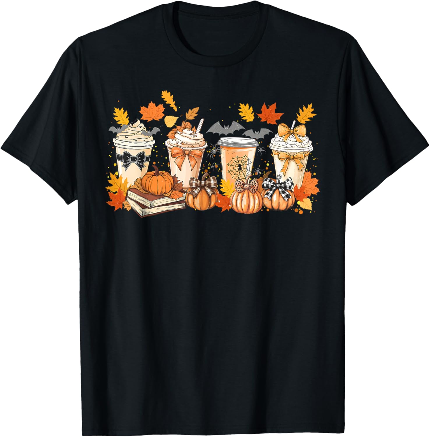 Fall Pumpkin Spice Coffee Latte Bow Book Lover Spooky Season T-Shirt