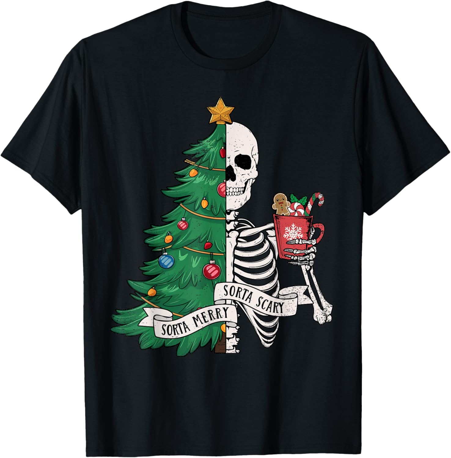 Funny Christmas Sorta Merry Sorta Scary Skeleton Xmas Tree T-Shirt