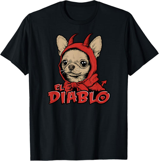 El Diablo Cute Small Dog in Hood with Horns Funny Chihuahua T-Shirt for Men Women Girls Kids