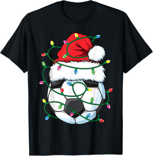 Funny Christmas Soccer Ball Santa Hat Xmas Lights Girls Boys T-Shirt