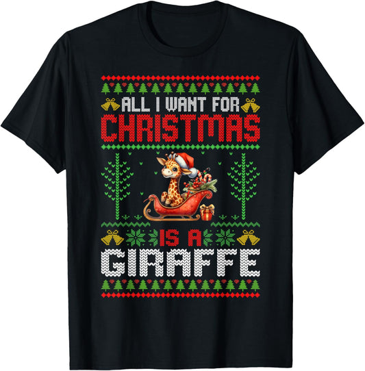 All I Want For Christmas Is A Giraffe Ugly Xmas Giraffe T-Shirt - Unisex-Kids, Black, Small, Long Sleeve, Polyester 100%, Novelty T-Shirt, Shirt