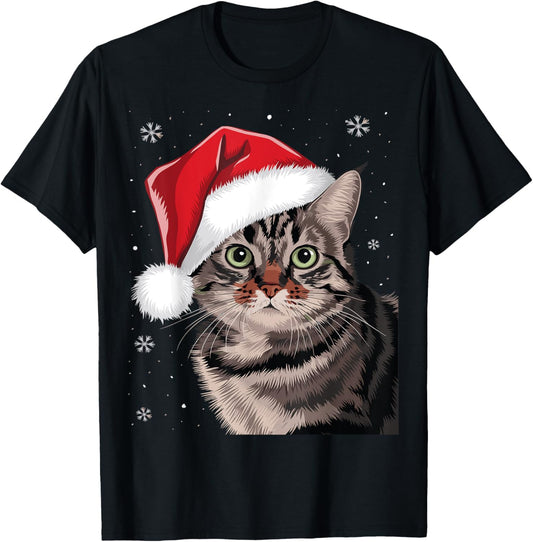 Festive Christmas Cat with Santa Hat T-Shirt