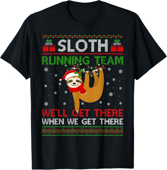 Funny Sloth Running Team Xmas Lights Ugly Sloth Christmas T-Shirt