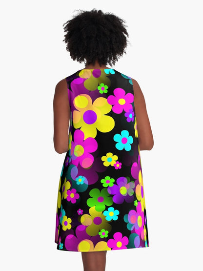 60's Retro Mod Small Flowers Multi on Black