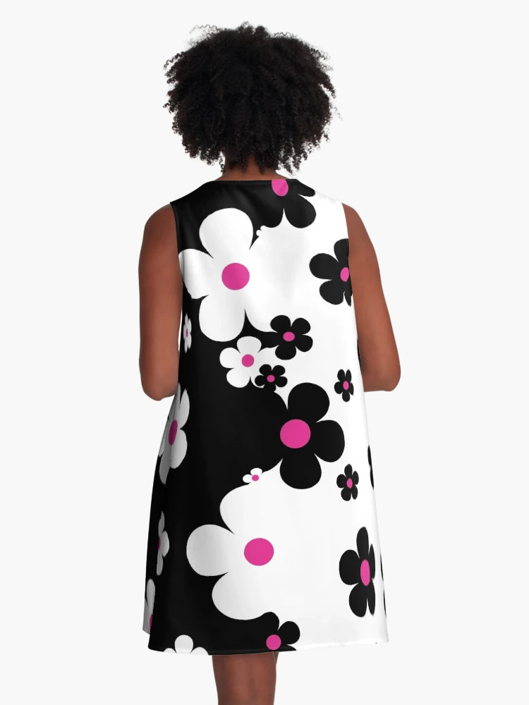 60's Retro Pop Small Flowers in Black, White and Pink