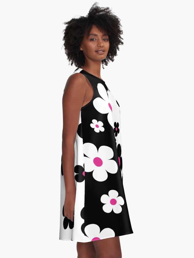 60's Retro Pop Small Flowers in Black, White and Pink