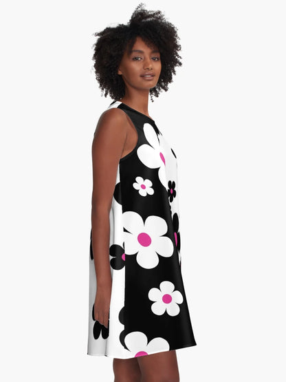 60's Retro Pop Small Flowers in Black, White and Pink