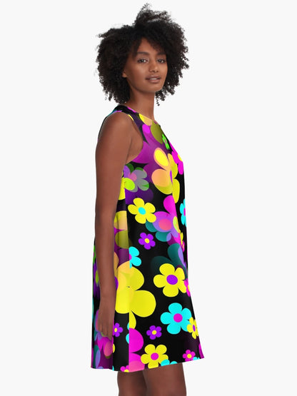 60's Retro Mod Small Flowers Multi on Black