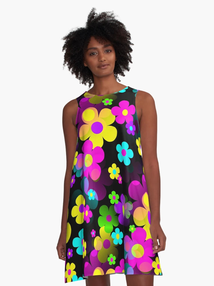 60's Retro Mod Small Flowers Multi on Black