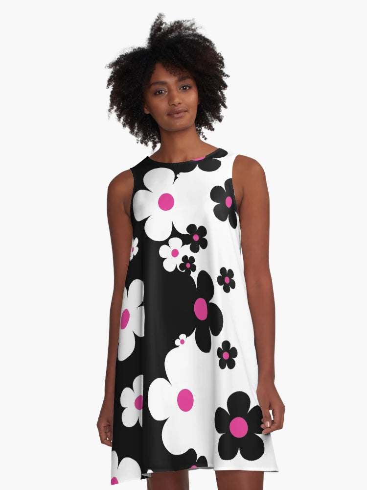 60's Retro Pop Small Flowers in Black, White and Pink