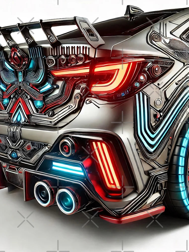 A futuristic car with a sleek design, glowing lights, and intricate mechanical details
