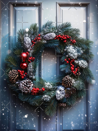 A festive Christmas wreath adorned with red berries, pine cones, and a red bow hangs on a snowy gray door