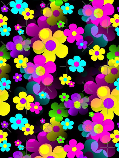 60's Retro Mod Small Flowers Multi on Black