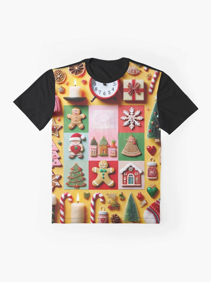 A festive collage of Christmas decorations, treats, and ornaments on a bright yellow background