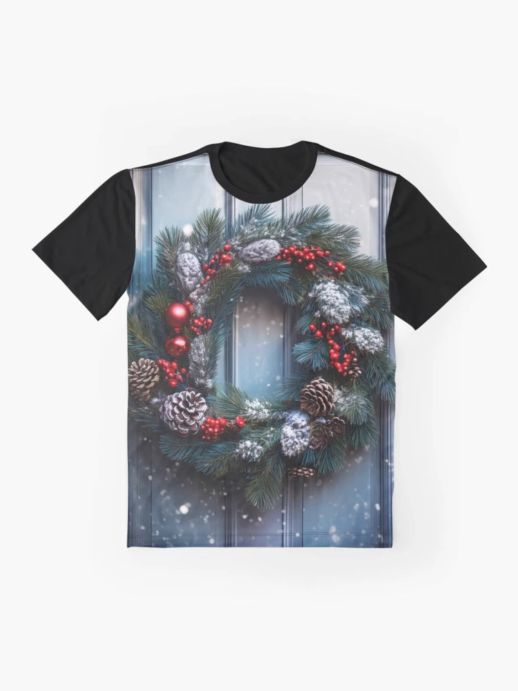 A festive Christmas wreath adorned with red berries, pine cones, and a red bow hangs on a snowy gray door