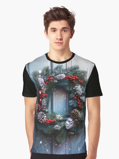 A festive Christmas wreath adorned with red berries, pine cones, and a red bow hangs on a snowy gray door