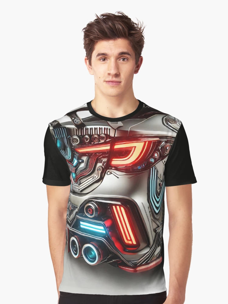 A futuristic car with a sleek design, glowing lights, and intricate mechanical details