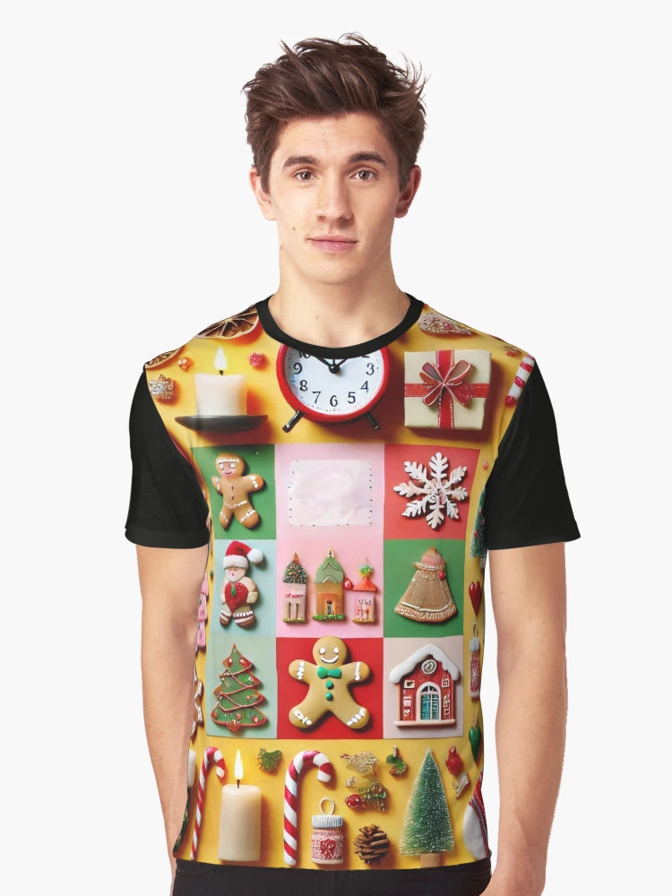 A festive collage of Christmas decorations, treats, and ornaments on a bright yellow background