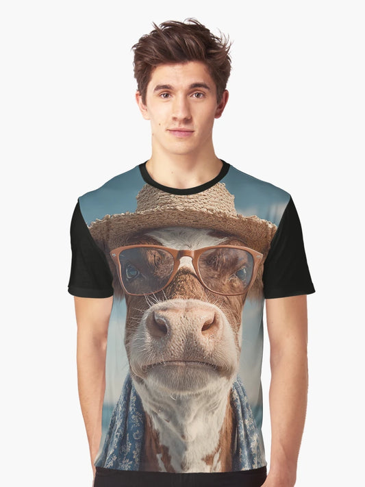 A cow in a hat and glasses