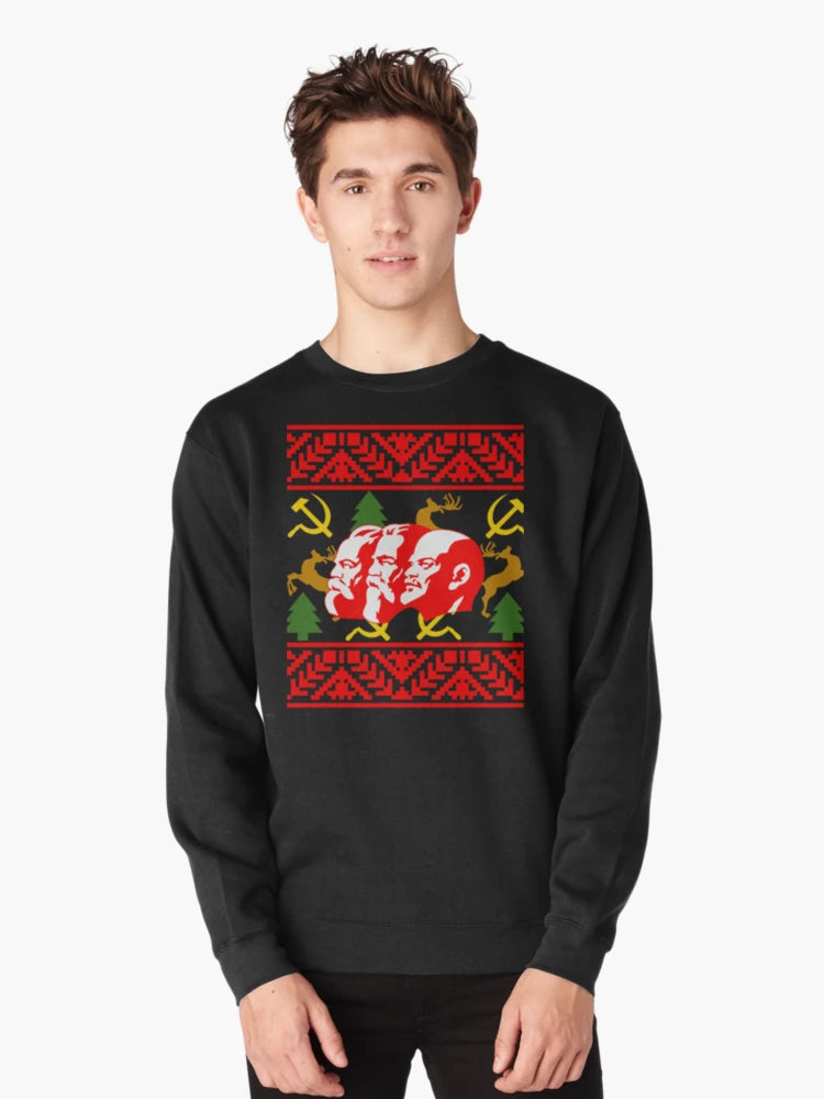 A Communist Ugly Christmas Sweater Featering Marx, Lenin, and Engels Funny Christmas