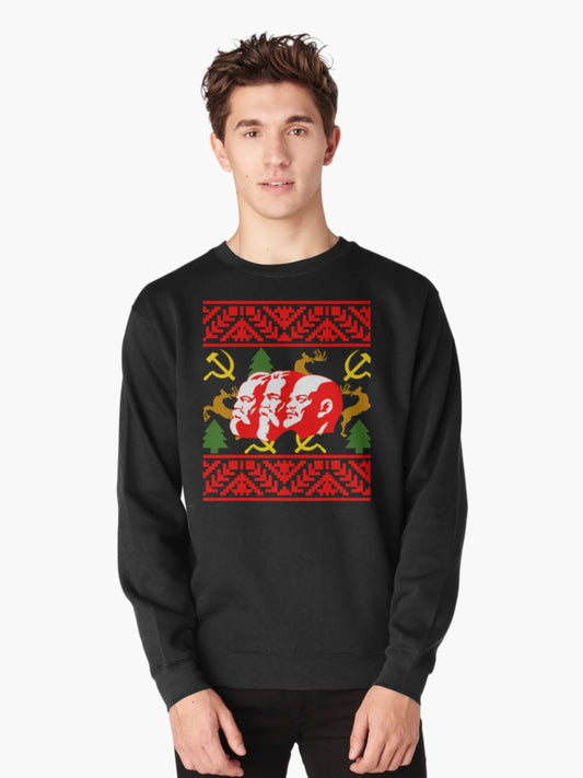 A Communist Ugly Christmas Sweater Featering Marx, Lenin, and Engels Funny Christmas