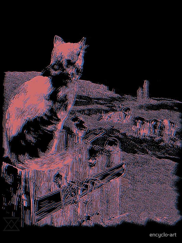 3D Red and Blue Cat Scene | Cat On Fence Post In Country