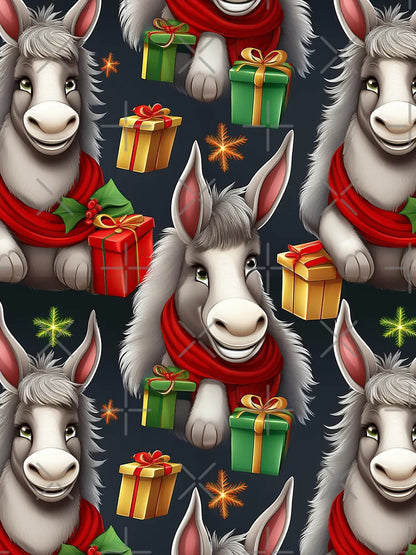 A Herd of Donkeys: A busy pattern featuring a herd of donkeys loaded with Christmas gifts.