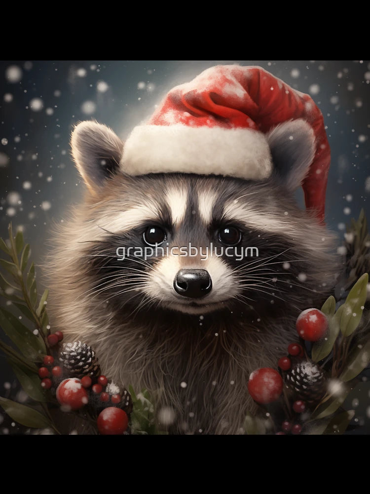 Adorable Christmas Raccoon Wearing a Santa Hat