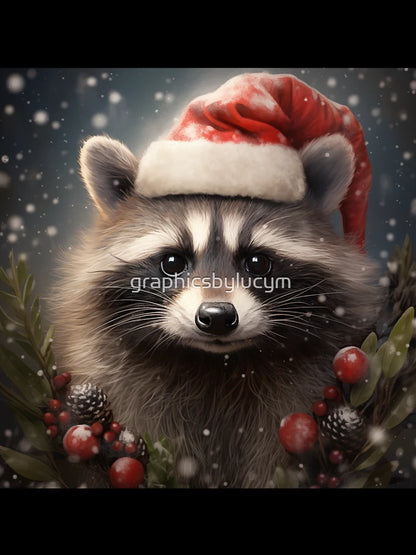 Adorable Christmas Raccoon Wearing a Santa Hat