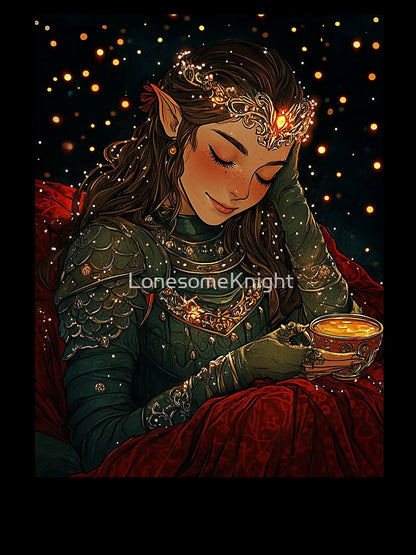 Female Elf Knight Relaxing with a Cup of Tea on Christmas Eve
