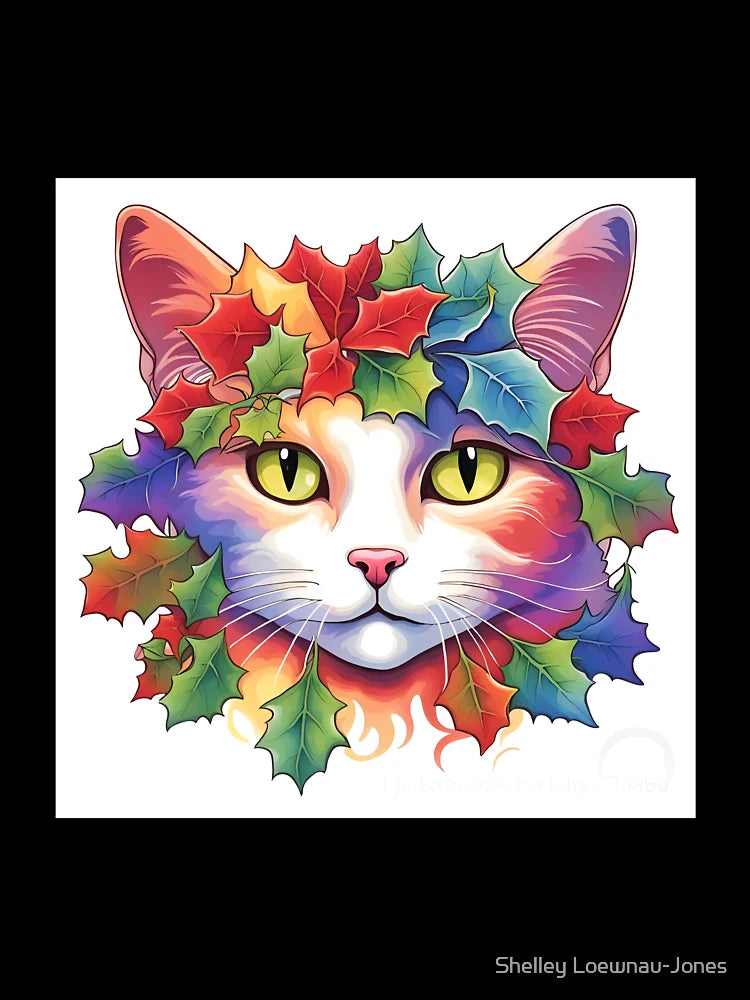 Festive Cat with Rainbow Painted Holly Leaves