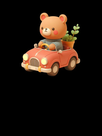 3D Baby Bear Riding a Car, Cute Bear Riding a Car, Adorable Kawaii Bear Riding a Car