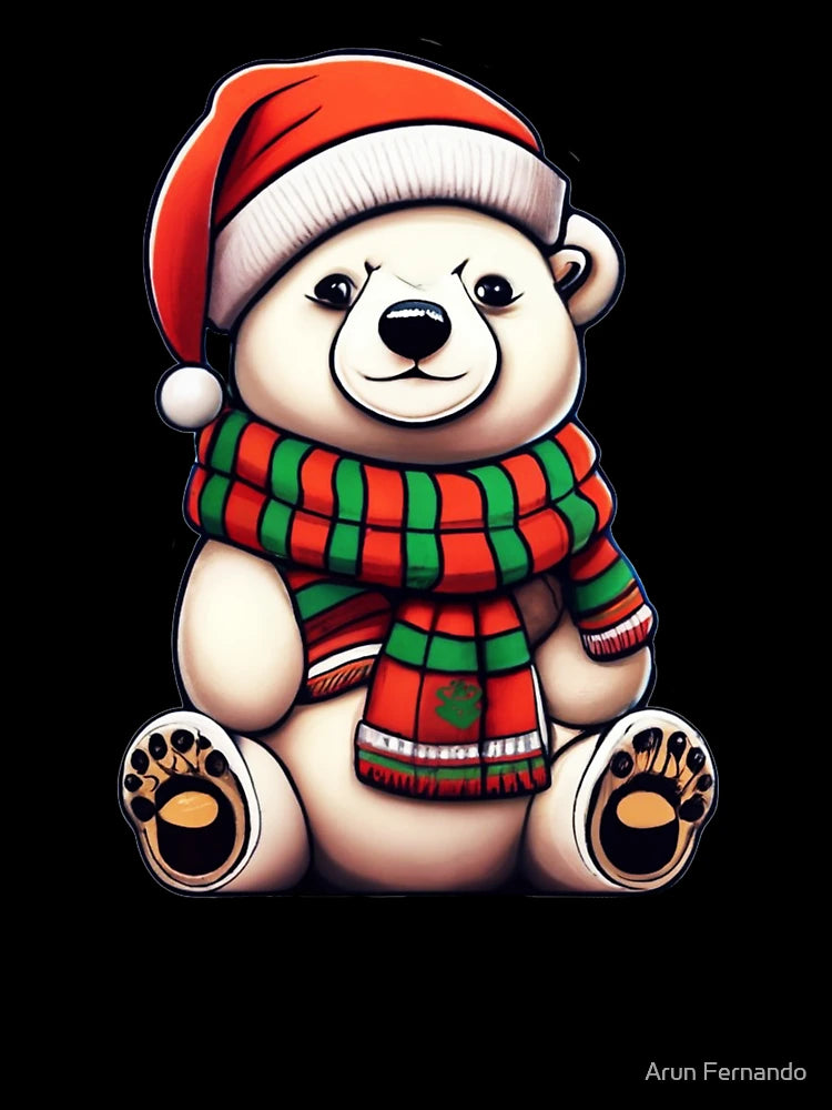 A cute polar bear wearing a Santa hat and scarf