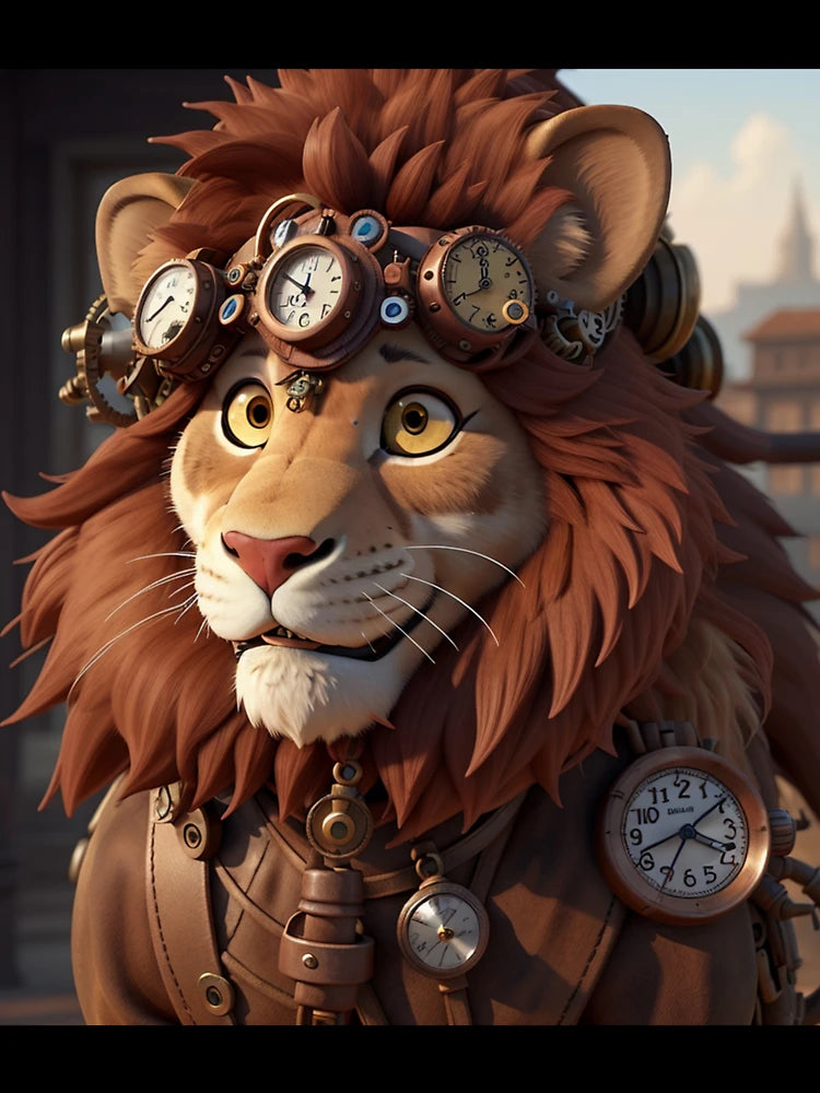 3D Steampunk Lion Art Painting Design Print