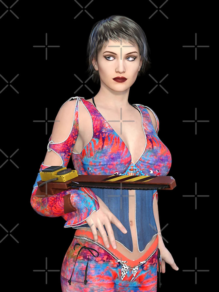 Femme fatale 3D character design character with a fusing gaze and a weapon