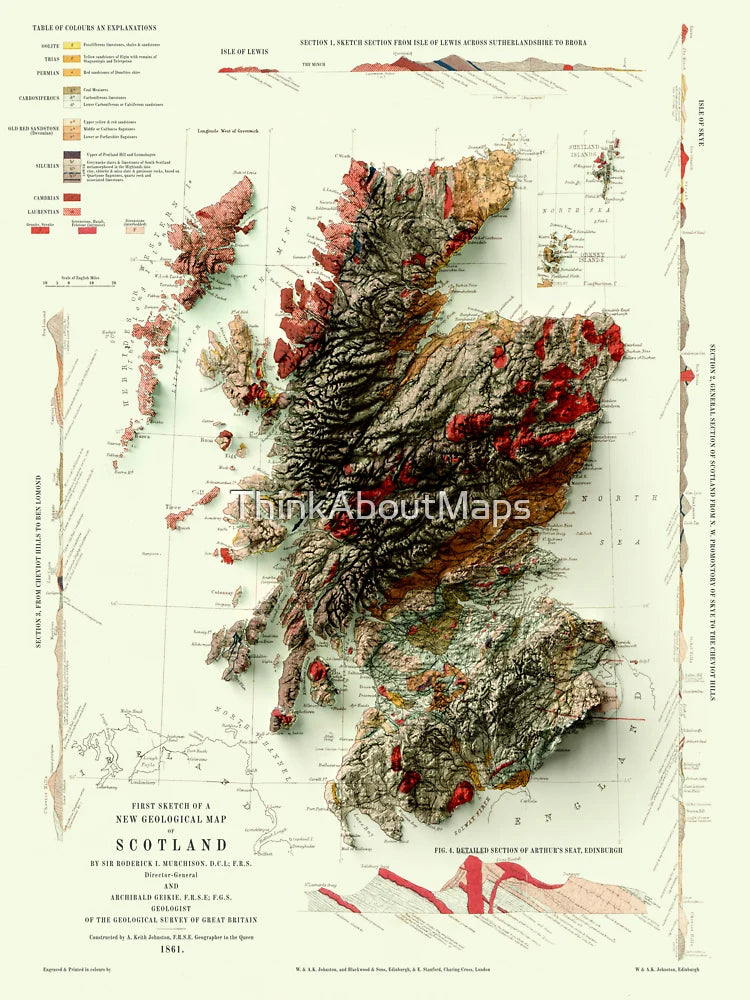 1865 Scotland Geological Relief Map digitally-rendered