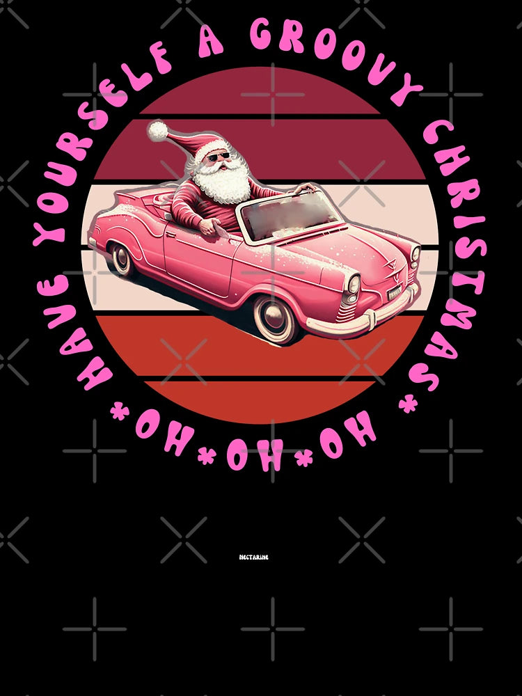HAVE A GROOVY CHRISTMAS  RETRO VINTAGE SANTA CLAUS IN PINK CONVERTIBLE Mid journey Ai Art