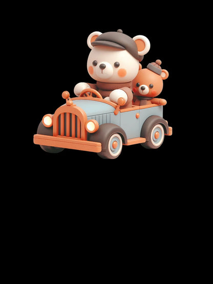 3D Mother Bear and Baby Bear Riding a Car, Cute Bear Riding a Car, Adorable Kawaii Bear Riding a Car
