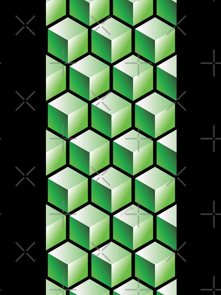 3D GREEN CUBE GEOMETRIC PATTERN on BLACK Background (v1GREEN on BLACK) ©