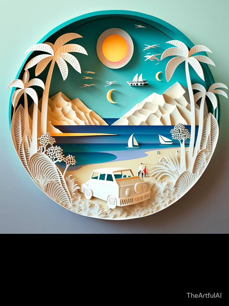 3D Effect Papercut Art - Beach Scene
