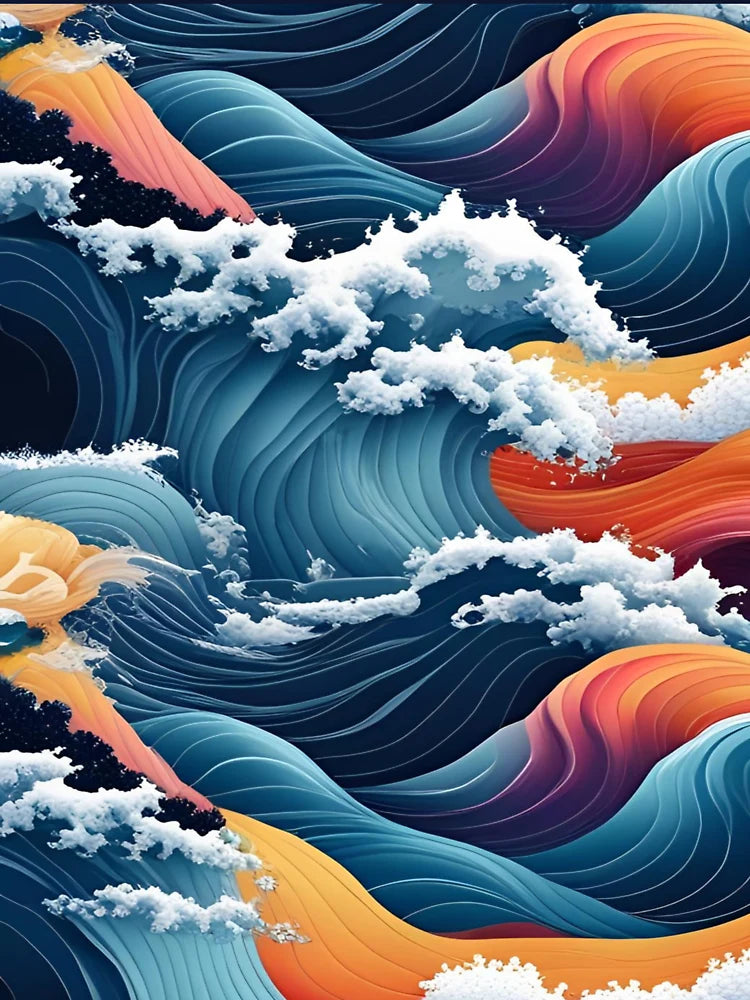 Aesthetic Textured Rainbow Fractal Wave Design with Sea Spray Accents