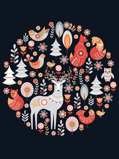 Fairy-tale forest. Foxes, deer, birds, owls,  flowers and herbs on a blue background.
