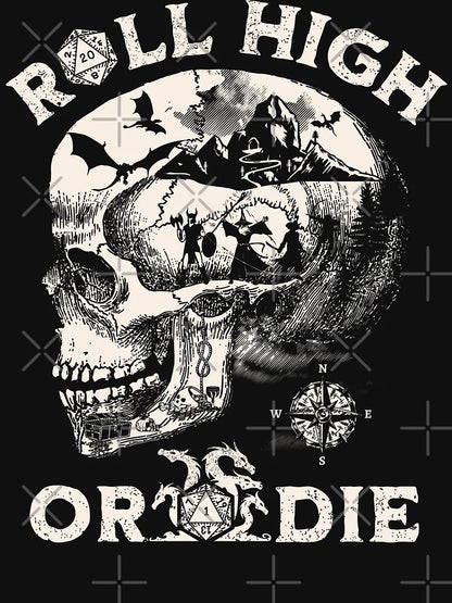 Dungeons and Dragons: Roll High or Die. Party fighting dragons in a Skull Scene.