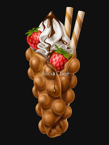 Egg Bubble Waffle Vanilla Ice Cream with Strawberry and Chocolate Topping
