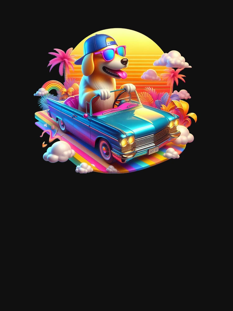 3D Dog with Sunglass Riding a Car In a Vibrant 90's style, Cute Dog Riding a Car, Adorable Kawaii Dog Riding a Car