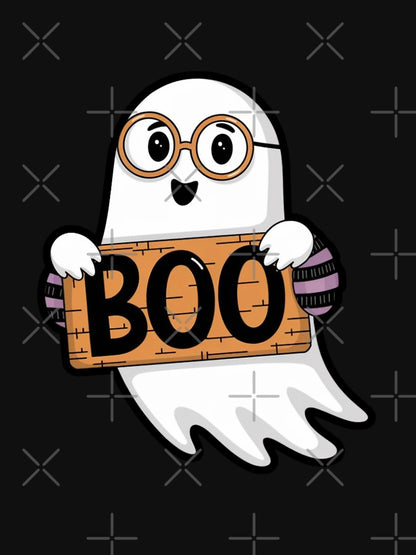 A playful ghost character holding a sign that says Boo, set against a dark background for Halloween celebration