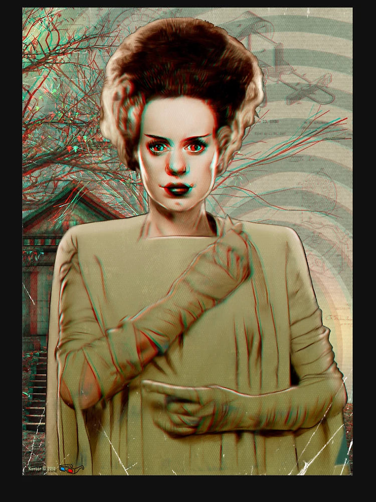 Elsa Lanchester as the Bride of Frankenstein Anaglyph 3d illustration