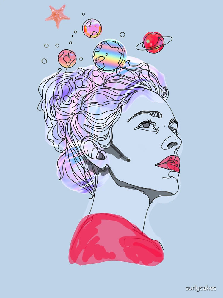 A Woman with Thoughts Orbiting Her Head Like Planets