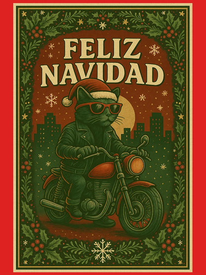 Feliz Navidad – Christmas Biker Cat in Retro Style