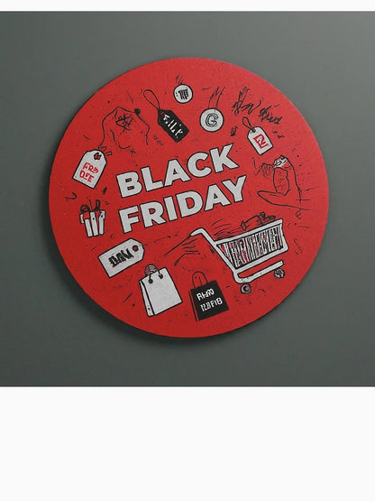 A red circle with a black friday sale sign on it